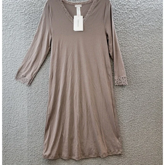 Hanro Moments Lace trim Nightgown Women's XS/2-4 Stonewash V-Neck Quarter Sleeve